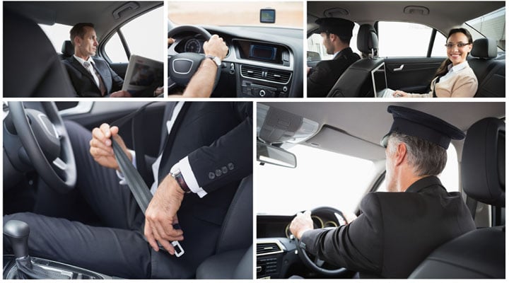 Taxi collage: driver at the wheel, sat-nav, and a passenger being driven to the airport